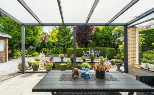 Terrasoverkapping Select DB zicht naar tuin